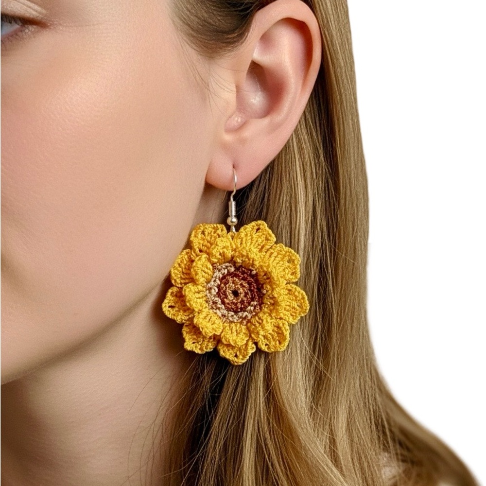 Bright Yellow Crochet Flower Drop Earrings